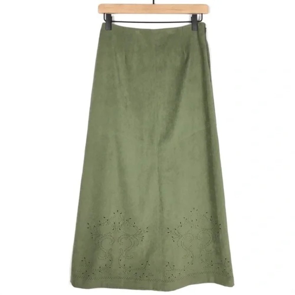 TALBOTS Skirt Maxi Laser Cut Suede Feel Paisley Western Boho Fairy Size 2P